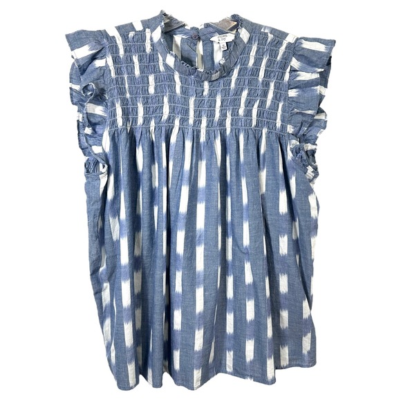 Crown & Ivy Plus Size 1X Top Blue White Ikat Ruffle Sleeve Smocked Peasant 453 - Picture 1 of 9